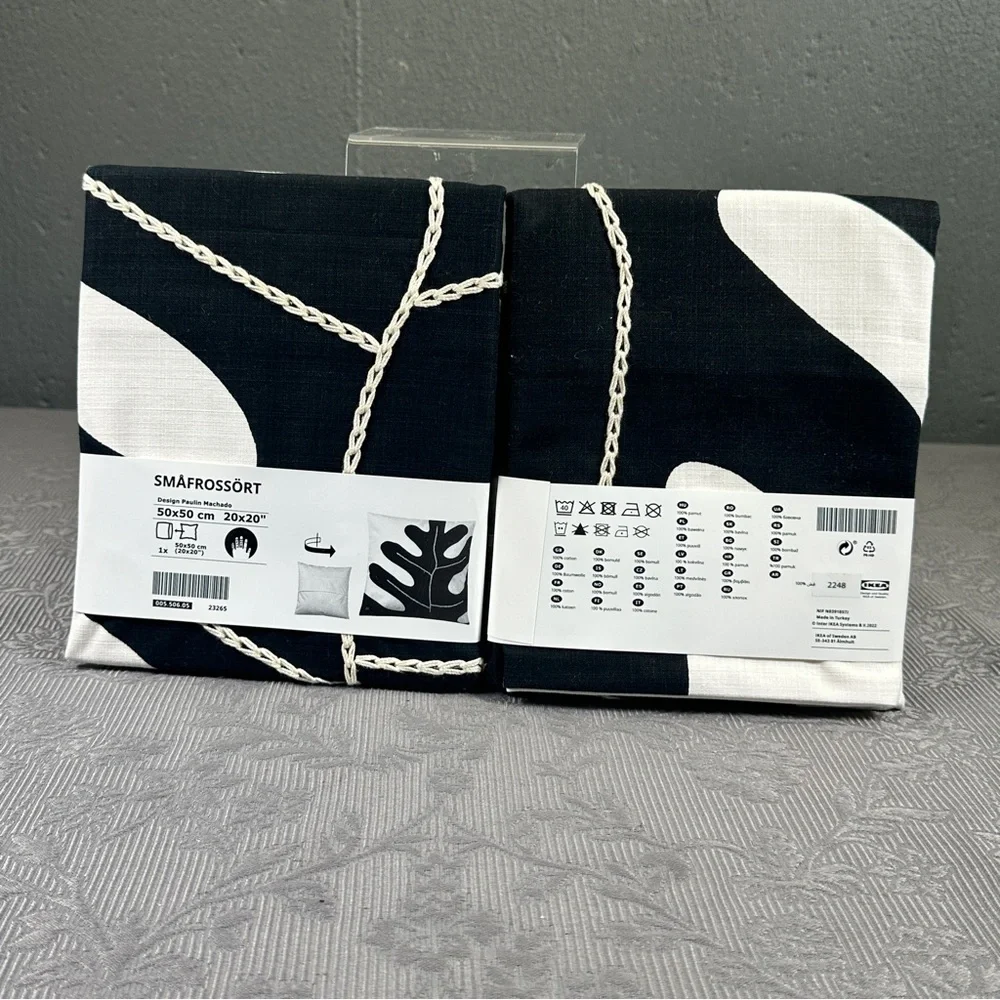 IKEA SMAFROSSORT Two Pillow Cushion Cover 20x20 Leaf Embroidered Off-White/Black - Picture 2 of 5